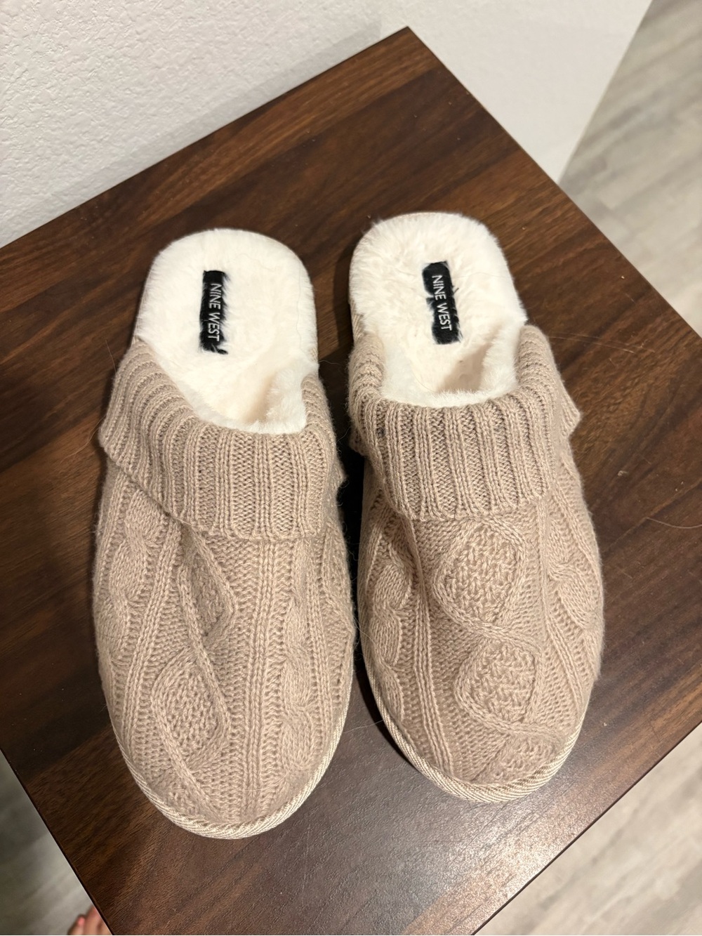 Nine West Beige Cable-Knit Plush-Lined Slippers
